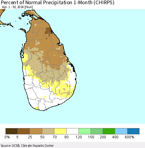 Sri Lanka Percent of Normal Precipitation 1-Month (CHIRPS) Thematic Map For 4/1/2024 - 4/30/2024