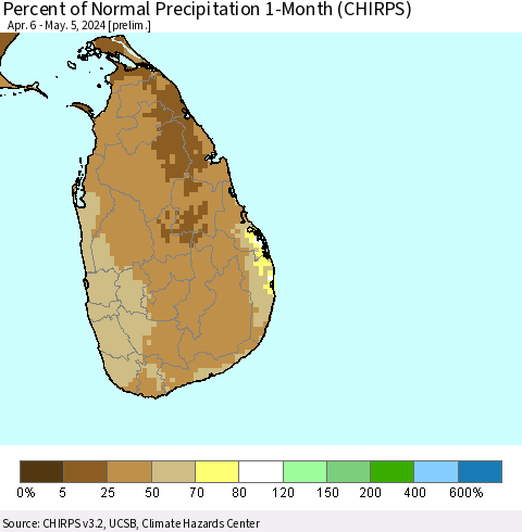 Sri Lanka Percent of Normal Precipitation 1-Month (CHIRPS) Thematic Map For 4/6/2024 - 5/5/2024