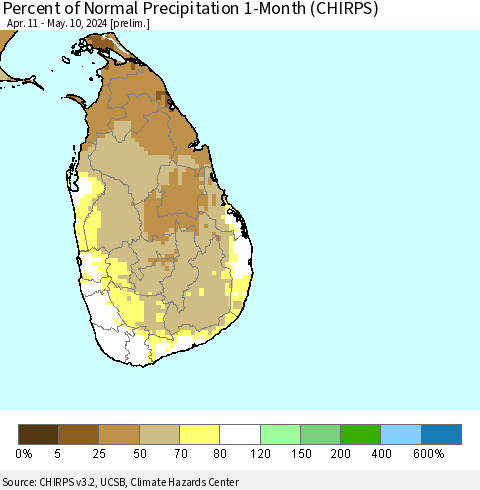 Sri Lanka Percent of Normal Precipitation 1-Month (CHIRPS) Thematic Map For 4/11/2024 - 5/10/2024