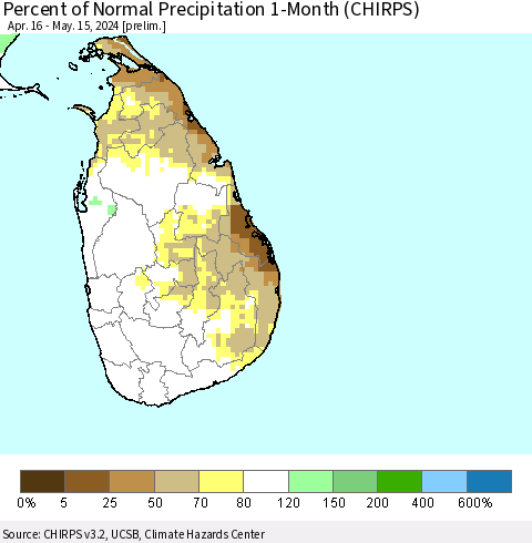 Sri Lanka Percent of Normal Precipitation 1-Month (CHIRPS) Thematic Map For 4/16/2024 - 5/15/2024