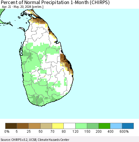 Sri Lanka Percent of Normal Precipitation 1-Month (CHIRPS) Thematic Map For 4/21/2024 - 5/20/2024