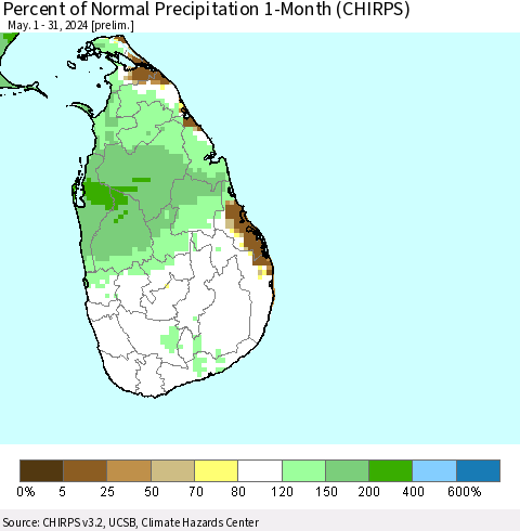 Sri Lanka Percent of Normal Precipitation 1-Month (CHIRPS) Thematic Map For 5/1/2024 - 5/31/2024