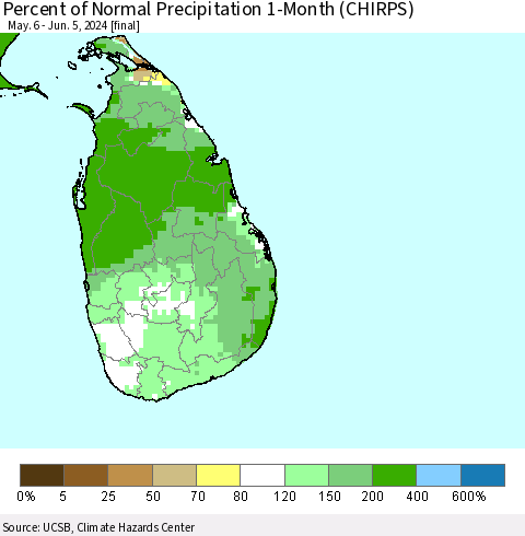 Sri Lanka Percent of Normal Precipitation 1-Month (CHIRPS) Thematic Map For 5/6/2024 - 6/5/2024