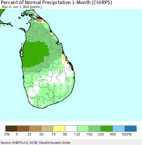 Sri Lanka Percent of Normal Precipitation 1-Month (CHIRPS) Thematic Map For 5/6/2024 - 6/5/2024