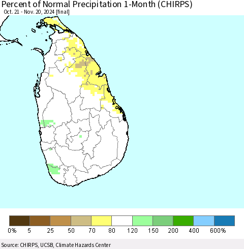 Sri Lanka Percent of Normal Precipitation 1-Month (CHIRPS) Thematic Map For 10/21/2024 - 11/20/2024