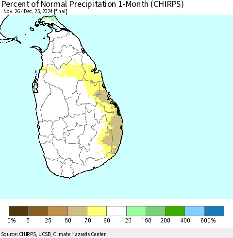 Sri Lanka Percent of Normal Precipitation 1-Month (CHIRPS) Thematic Map For 11/26/2024 - 12/25/2024