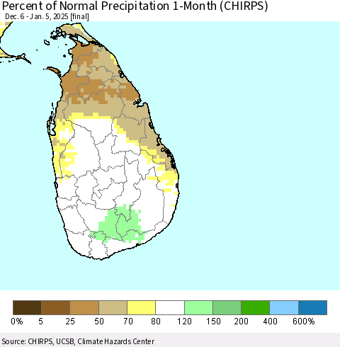 Sri Lanka Percent of Normal Precipitation 1-Month (CHIRPS) Thematic Map For 12/6/2024 - 1/5/2025