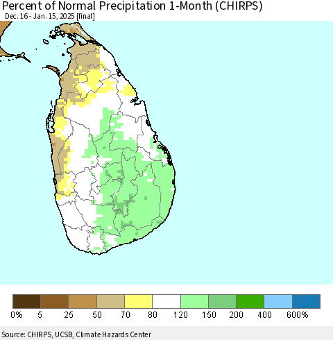 Sri Lanka Percent of Normal Precipitation 1-Month (CHIRPS) Thematic Map For 12/16/2024 - 1/15/2025