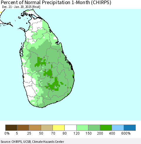 Sri Lanka Percent of Normal Precipitation 1-Month (CHIRPS) Thematic Map For 12/21/2024 - 1/20/2025