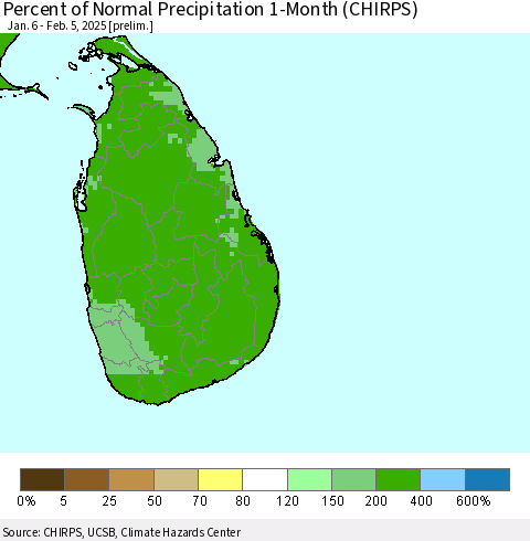 Sri Lanka Percent of Normal Precipitation 1-Month (CHIRPS) Thematic Map For 1/6/2025 - 2/5/2025