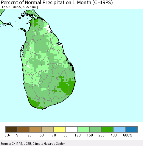 Sri Lanka Percent of Normal Precipitation 1-Month (CHIRPS) Thematic Map For 2/6/2025 - 3/5/2025