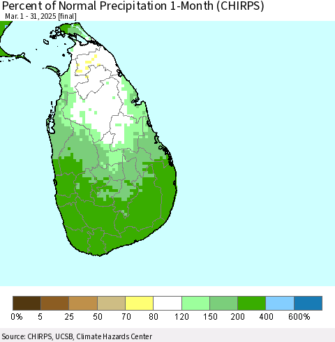 Sri Lanka Percent of Normal Precipitation 1-Month (CHIRPS) Thematic Map For 3/1/2025 - 3/31/2025