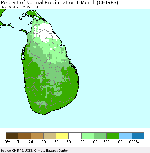 Sri Lanka Percent of Normal Precipitation 1-Month (CHIRPS) Thematic Map For 3/6/2025 - 4/5/2025