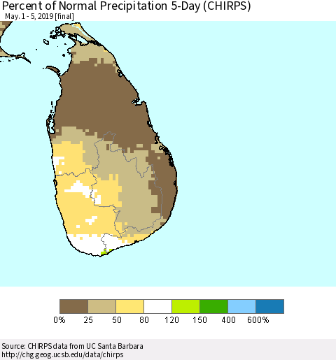 Sri Lanka Percent of Normal Precipitation 5-Day (CHIRPS) Thematic Map For 5/1/2019 - 5/5/2019