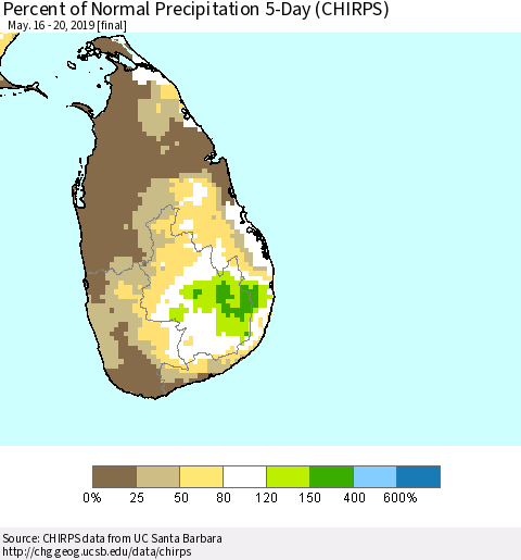 Sri Lanka Percent of Normal Precipitation 5-Day (CHIRPS) Thematic Map For 5/16/2019 - 5/20/2019