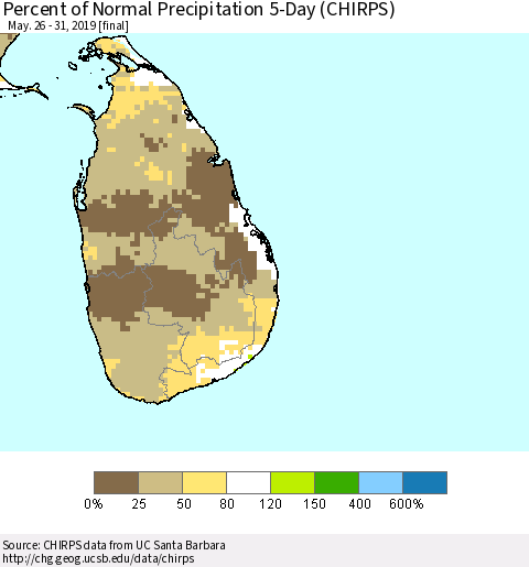 Sri Lanka Percent of Normal Precipitation 5-Day (CHIRPS) Thematic Map For 5/26/2019 - 5/31/2019