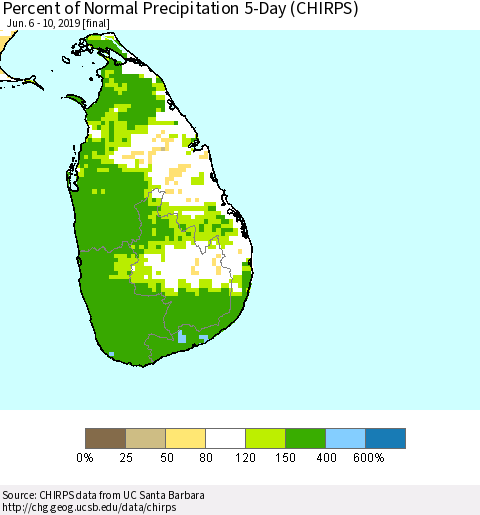 Sri Lanka Percent of Normal Precipitation 5-Day (CHIRPS) Thematic Map For 6/6/2019 - 6/10/2019