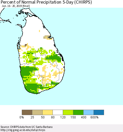Sri Lanka Percent of Normal Precipitation 5-Day (CHIRPS) Thematic Map For 6/16/2019 - 6/20/2019