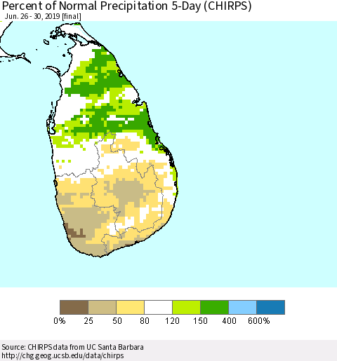 Sri Lanka Percent of Normal Precipitation 5-Day (CHIRPS) Thematic Map For 6/26/2019 - 6/30/2019