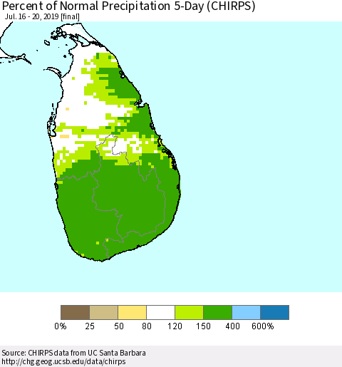 Sri Lanka Percent of Normal Precipitation 5-Day (CHIRPS) Thematic Map For 7/16/2019 - 7/20/2019