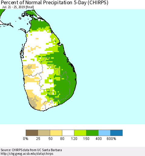 Sri Lanka Percent of Normal Precipitation 5-Day (CHIRPS) Thematic Map For 7/21/2019 - 7/25/2019