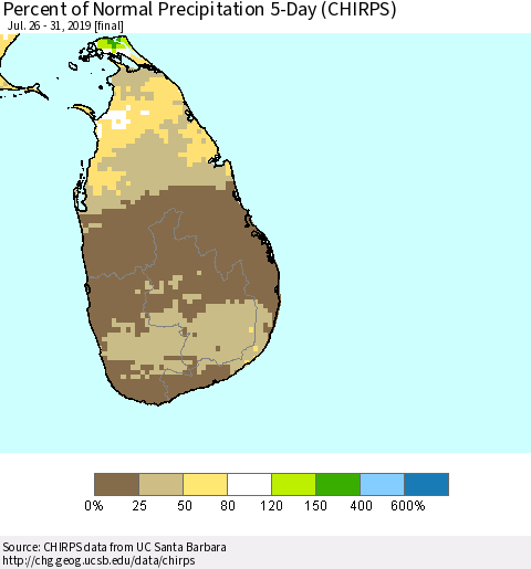 Sri Lanka Percent of Normal Precipitation 5-Day (CHIRPS) Thematic Map For 7/26/2019 - 7/31/2019