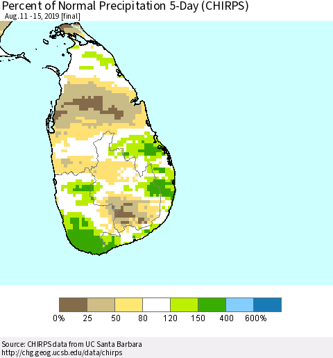 Sri Lanka Percent of Normal Precipitation 5-Day (CHIRPS) Thematic Map For 8/11/2019 - 8/15/2019