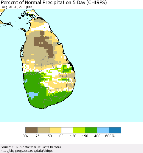 Sri Lanka Percent of Normal Precipitation 5-Day (CHIRPS) Thematic Map For 8/26/2019 - 8/31/2019