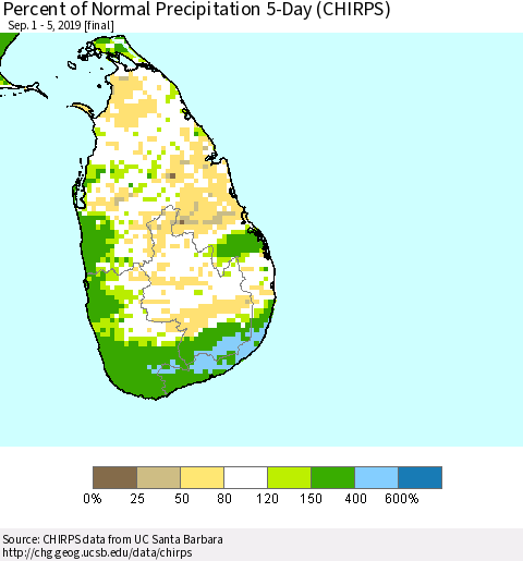 Sri Lanka Percent of Normal Precipitation 5-Day (CHIRPS) Thematic Map For 9/1/2019 - 9/5/2019