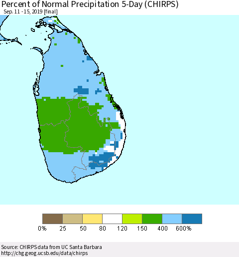 Sri Lanka Percent of Normal Precipitation 5-Day (CHIRPS) Thematic Map For 9/11/2019 - 9/15/2019