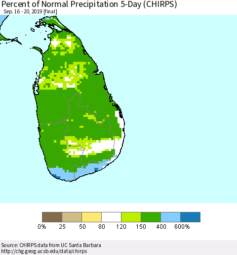 Sri Lanka Percent of Normal Precipitation 5-Day (CHIRPS) Thematic Map For 9/16/2019 - 9/20/2019