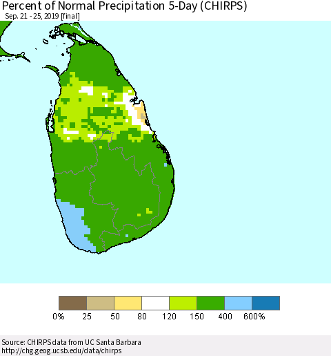 Sri Lanka Percent of Normal Precipitation 5-Day (CHIRPS) Thematic Map For 9/21/2019 - 9/25/2019