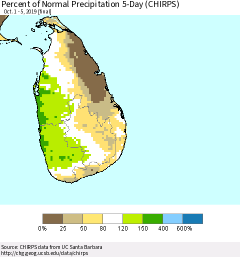 Sri Lanka Percent of Normal Precipitation 5-Day (CHIRPS) Thematic Map For 10/1/2019 - 10/5/2019