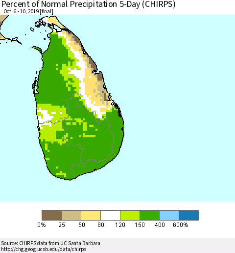 Sri Lanka Percent of Normal Precipitation 5-Day (CHIRPS) Thematic Map For 10/6/2019 - 10/10/2019