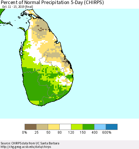Sri Lanka Percent of Normal Precipitation 5-Day (CHIRPS) Thematic Map For 10/11/2019 - 10/15/2019