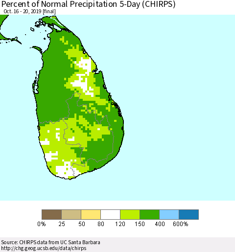 Sri Lanka Percent of Normal Precipitation 5-Day (CHIRPS) Thematic Map For 10/16/2019 - 10/20/2019
