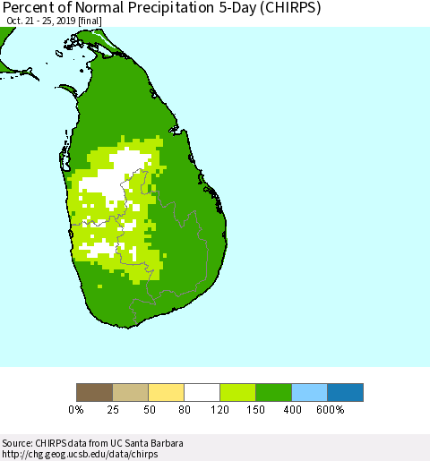 Sri Lanka Percent of Normal Precipitation 5-Day (CHIRPS) Thematic Map For 10/21/2019 - 10/25/2019