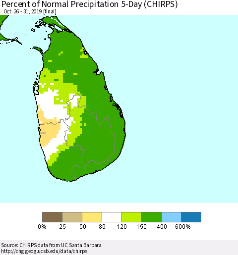 Sri Lanka Percent of Normal Precipitation 5-Day (CHIRPS) Thematic Map For 10/26/2019 - 10/31/2019