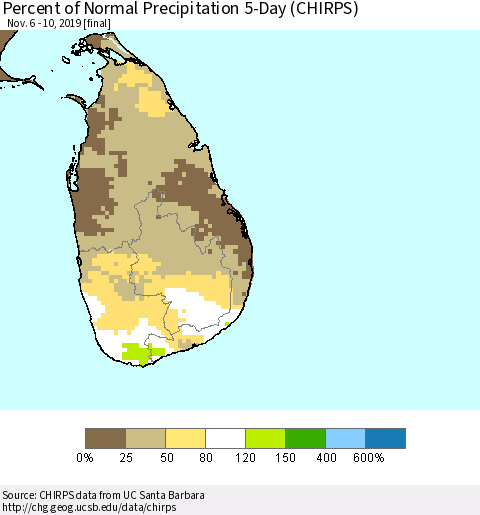 Sri Lanka Percent of Normal Precipitation 5-Day (CHIRPS) Thematic Map For 11/6/2019 - 11/10/2019