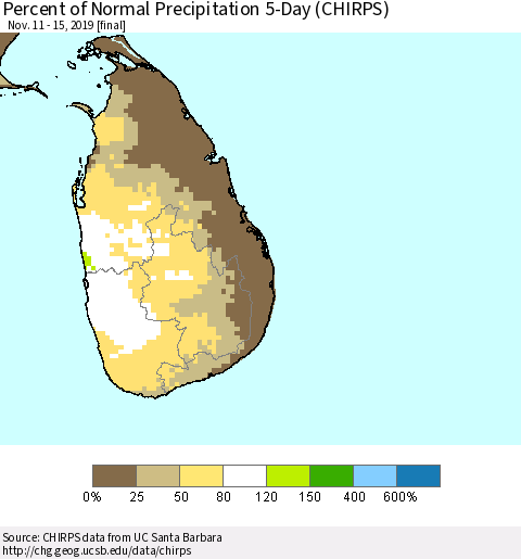 Sri Lanka Percent of Normal Precipitation 5-Day (CHIRPS) Thematic Map For 11/11/2019 - 11/15/2019