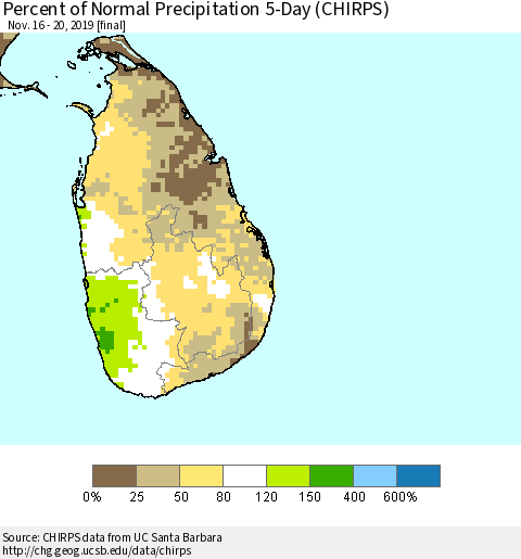 Sri Lanka Percent of Normal Precipitation 5-Day (CHIRPS) Thematic Map For 11/16/2019 - 11/20/2019