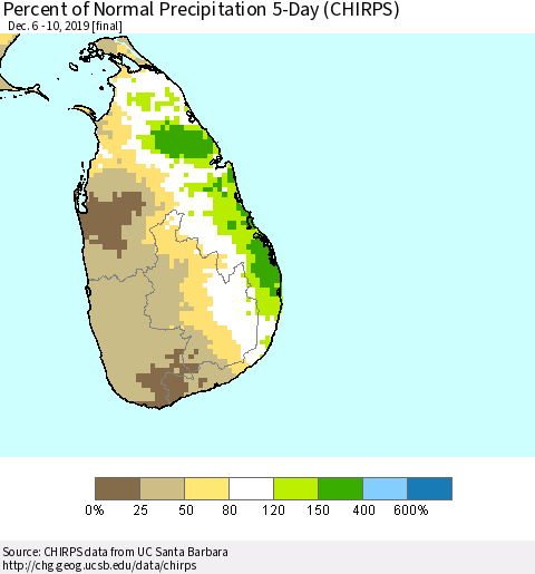 Sri Lanka Percent of Normal Precipitation 5-Day (CHIRPS) Thematic Map For 12/6/2019 - 12/10/2019