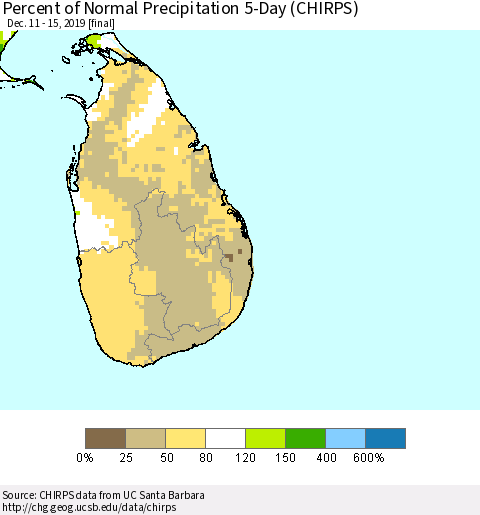 Sri Lanka Percent of Normal Precipitation 5-Day (CHIRPS) Thematic Map For 12/11/2019 - 12/15/2019