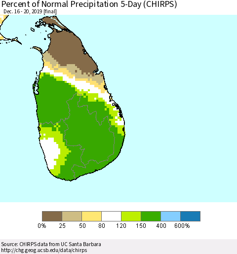 Sri Lanka Percent of Normal Precipitation 5-Day (CHIRPS) Thematic Map For 12/16/2019 - 12/20/2019