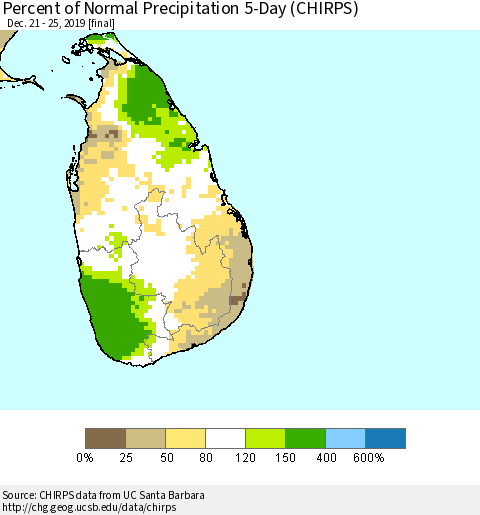 Sri Lanka Percent of Normal Precipitation 5-Day (CHIRPS) Thematic Map For 12/21/2019 - 12/25/2019