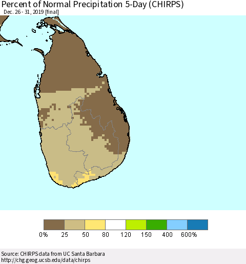 Sri Lanka Percent of Normal Precipitation 5-Day (CHIRPS) Thematic Map For 12/26/2019 - 12/31/2019