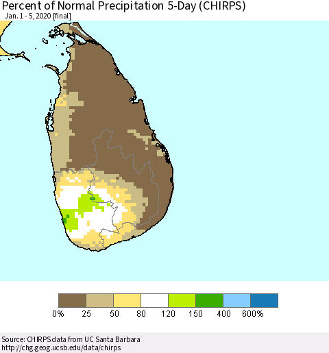 Sri Lanka Percent of Normal Precipitation 5-Day (CHIRPS) Thematic Map For 1/1/2020 - 1/5/2020