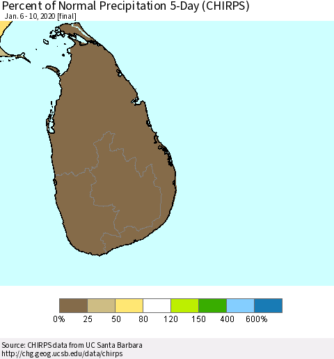 Sri Lanka Percent of Normal Precipitation 5-Day (CHIRPS) Thematic Map For 1/6/2020 - 1/10/2020