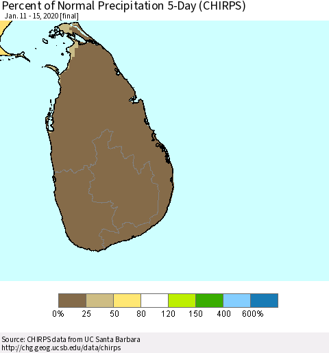 Sri Lanka Percent of Normal Precipitation 5-Day (CHIRPS) Thematic Map For 1/11/2020 - 1/15/2020