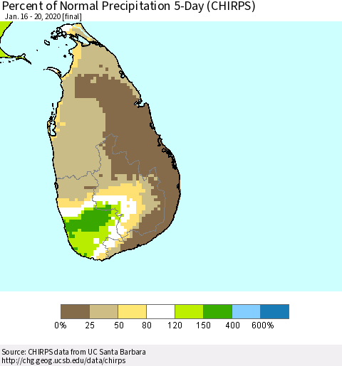 Sri Lanka Percent of Normal Precipitation 5-Day (CHIRPS) Thematic Map For 1/16/2020 - 1/20/2020